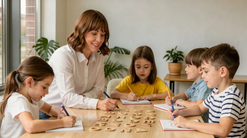 A young child practising letter formation with wooden letter tiles