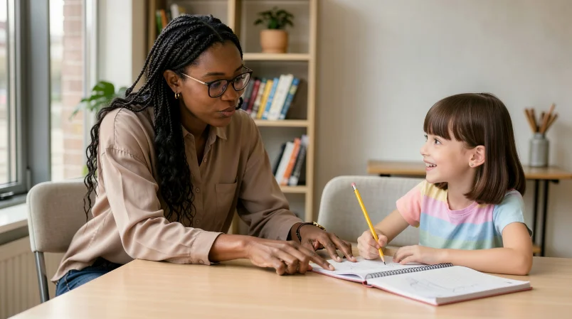 A primary-age child writing in an exercise book alongside a tutor