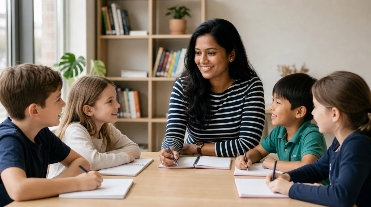 A tutor working with a small group of primary-age children around a table
