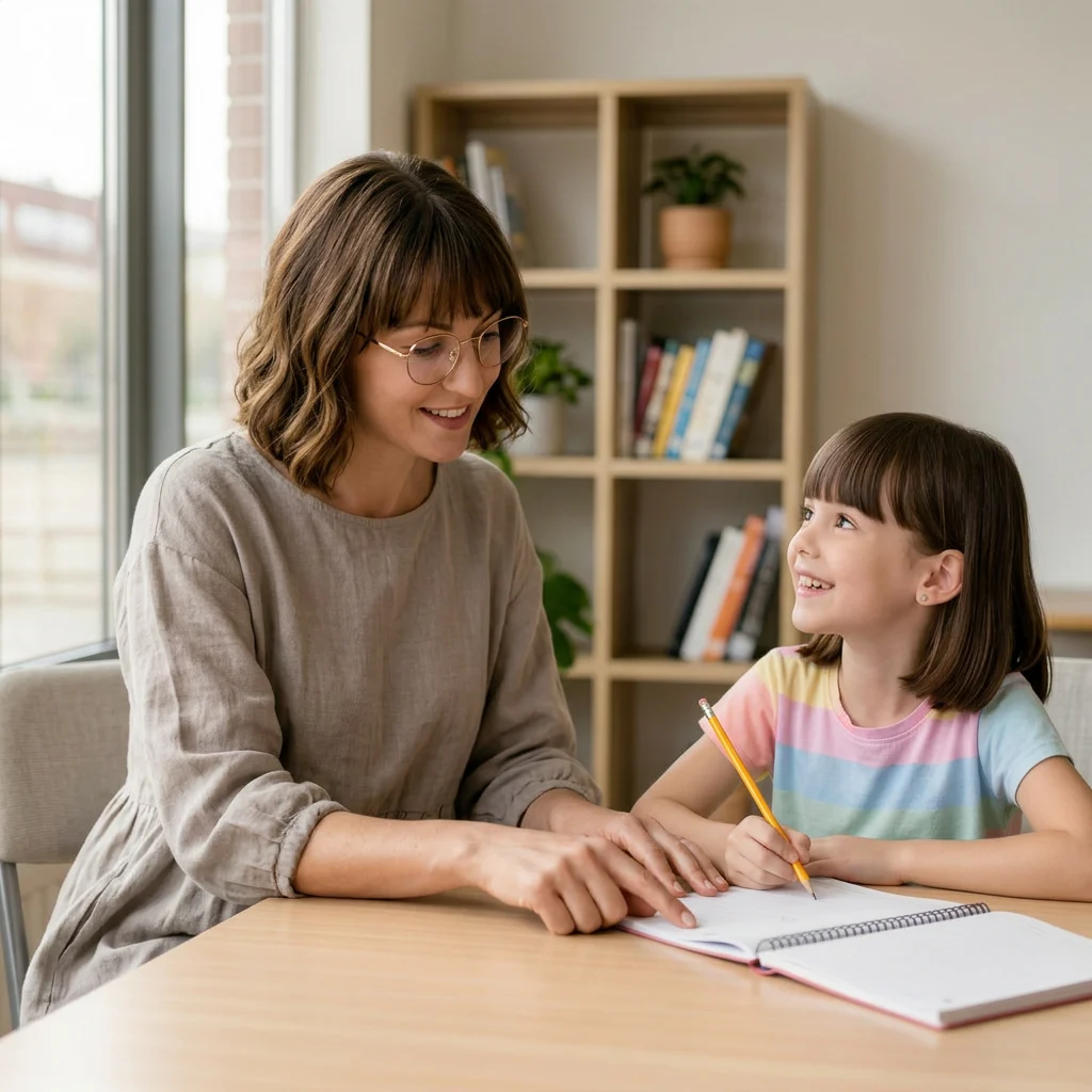A child in conversation with a teacher across a table